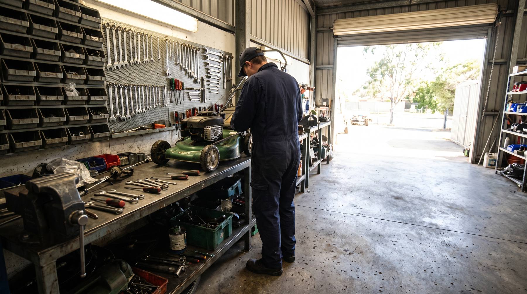 A mower part-stripped on the workbench in the Loganholme workshop